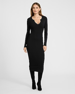 Silky Soft Ribbed Notch V-Neck Midi Sweater Dress