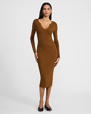 Silky Soft Ribbed Notch V-Neck Midi Sweater Dress