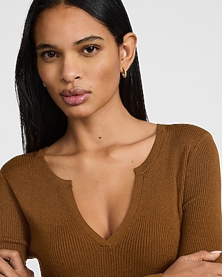 Silky Soft Ribbed Notch V-Neck Midi Sweater Dress