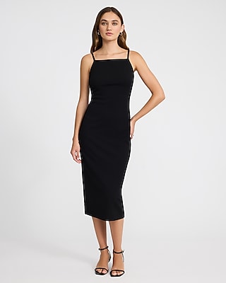 Faux Leather Scoop Neck Seamed Midi Sheath Dress