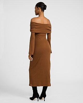 Ribbed Off The Shoulder Long Sleeve Maxi Knit Dress - thumbnail 7