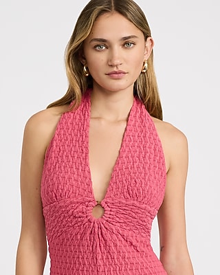 Textured Halter V-Neck O-Ring Maxi Dress
