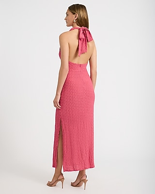 Textured Halter V-Neck O-Ring Maxi Dress