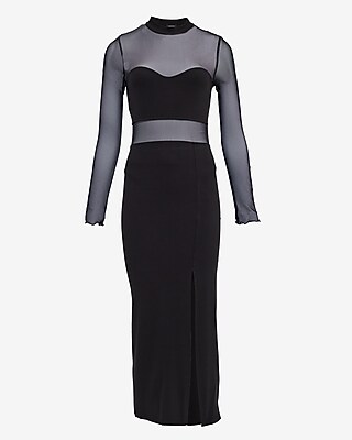 Mixed Media Mesh Pieced Mock Neck Long Sleeve Midi Dress - image 4