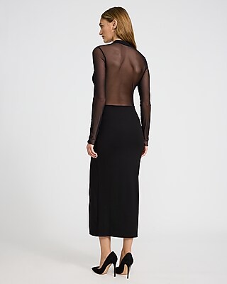 Mixed Media Mesh Pieced Mock Neck Long Sleeve Midi Dress - image 3