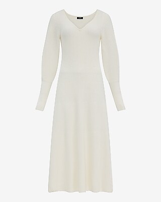 Ribbed V-Neck Puff Sleeve Maxi Sweater Dress
