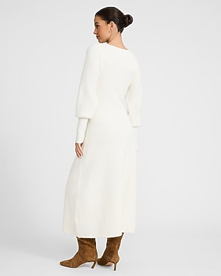 Ribbed V-Neck Puff Sleeve Maxi Sweater Dress