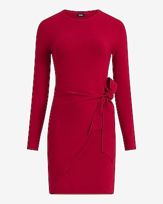 Crew Neck Long Sleeve Wrap Mini Sweater Dress