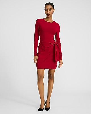 Crew Neck Long Sleeve Wrap Mini Sweater Dress