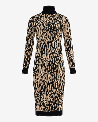 Leopard Turtleneck Long Sleeve Midi Sweater Dress
