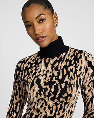 Leopard Turtleneck Long Sleeve Midi Sweater Dress