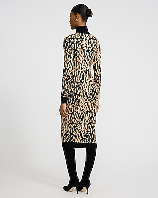 Leopard Turtleneck Long Sleeve Midi Sweater Dress