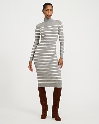 Striped Turtleneck Long Sleeve Midi Sweater Dress