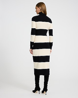 Striped Turtleneck Long Sleeve Midi Sweater Dress