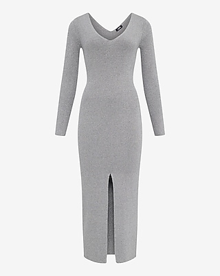 Shine Ribbed V-Neck Long Sleeve Midi Sweater Dress