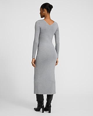 Shine Ribbed V-Neck Long Sleeve Midi Sweater Dress