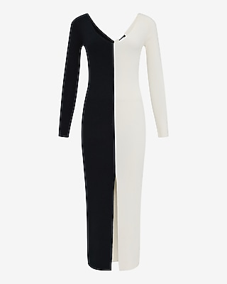 Airy Soft Color Block V-Neck Long Sleeve Maxi Sweater Dress