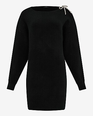 Boat Neck Rhinestone Bow Cold Shoulder Mini Sweater Dress