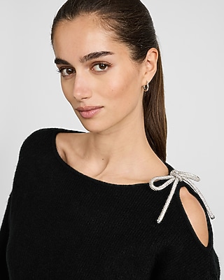 Boat Neck Rhinestone Bow Cold Shoulder Mini Sweater Dress