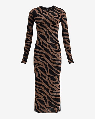 Zebra Crew Neck Long Sleeve Midi Sweater Dress