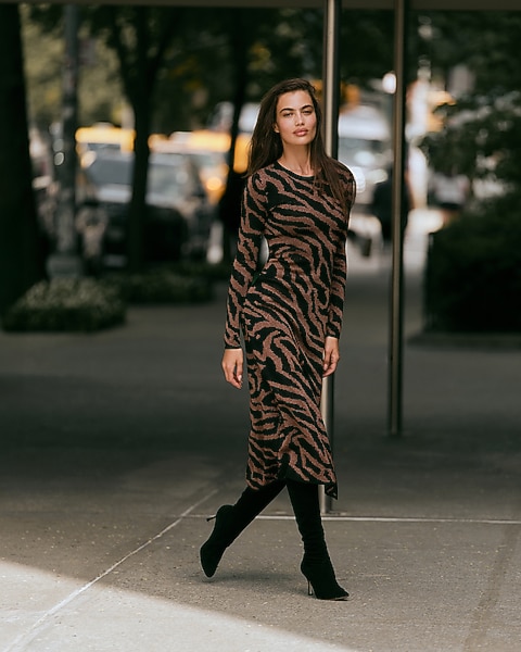 long sleeve midi sweater dress Drew M Perfect for casual wear Zebra Crew Neck Long Sleeve