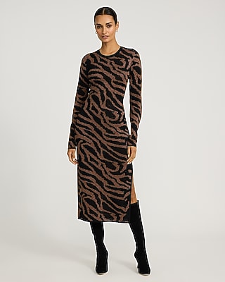 Zebra Crew Neck Long Sleeve Midi Sweater Dress