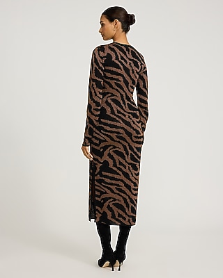 Zebra Crew Neck Long Sleeve Midi Sweater Dress