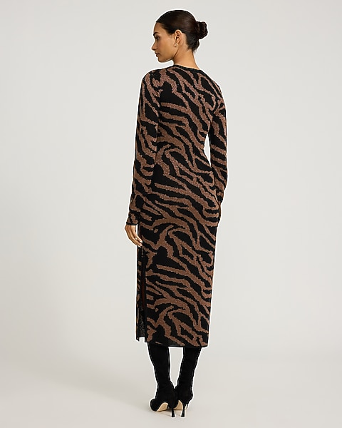 knee length dresses for ladies Long Sleeve Zebra Print Knit Midi Dress Black/White / Large