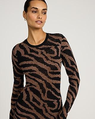 Zebra Crew Neck Long Sleeve Midi Sweater Dress