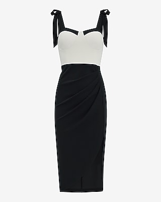 Color Block Tie Strap Sweetheart Draped Midi Sheath Dress
