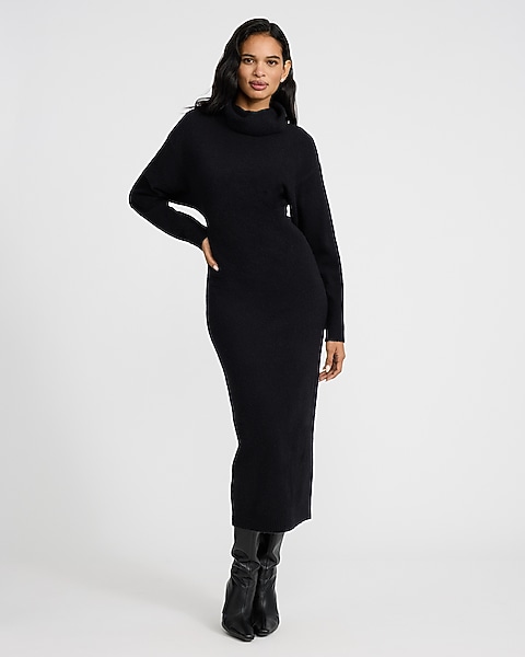 turtle neck sweater dress Ribbed Trim Turtleneck Cream / XS This sweater dress is going to style perfectly with boots and accessories are going to be a breeze Beige Turtleneck Long Sleeve Ribbed