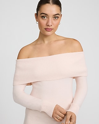Fold Over Off The Shoulder Midi Sweater Dress