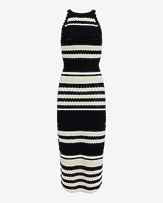 Textured Striped Halter Sleeveless Midi Sweater Dress