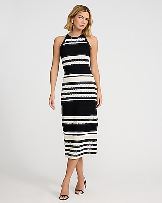 Textured Striped Halter Sleeveless Midi Sweater Dress