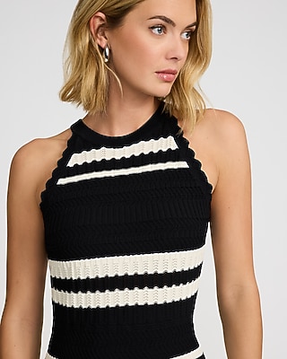 Textured Striped Halter Sleeveless Midi Sweater Dress