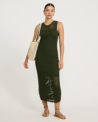 Open Stitch Crochet Crew Neck Midi Sheath Dress