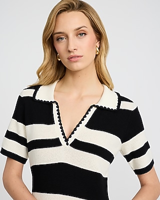 Striped Johnny Collar Short Sleeve Polo Mini Dress