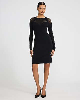 Mesh Crew Neck Long Sleeve Mini Sweater Dress