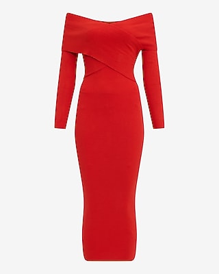Off The Shoulder Crossover Front Midi Sweater Dress