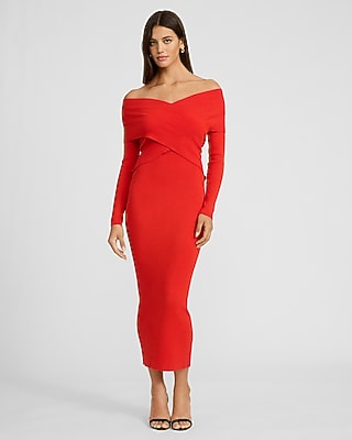 Off The Shoulder Crossover Front Midi Sweater Dress