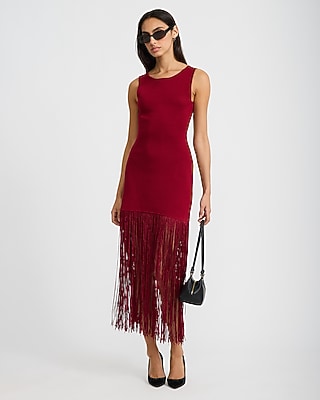 Fringe Hem Back Cutout Sleeveless Midi Sweater Dress