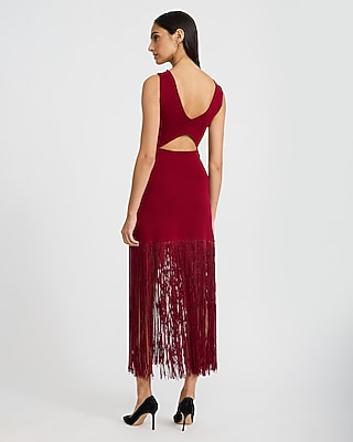 Fringe Hem Back Cutout Sleeveless Midi Sweater Dress