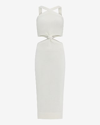 Halter Cutout Knot Front Midi Sweater Dress in Ivory - image 4