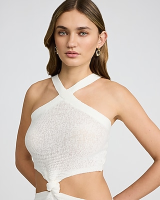 Halter Cutout Knot Front Midi Sweater Dress in Ivory - image 2