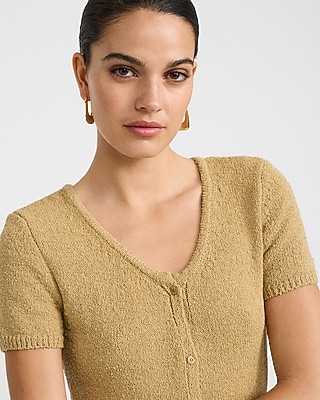 V-Neck Short Sleeve Button Front Mini Sweater Dress