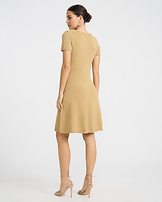 V-Neck Short Sleeve Button Front Mini Sweater Dress