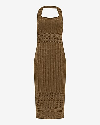 Open Stitch Crochet Halter Midi Sweater Dress