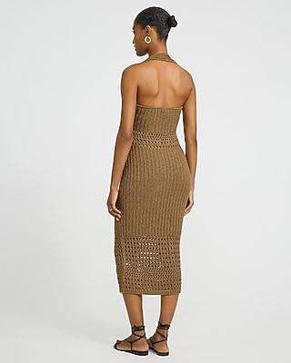 Open Stitch Crochet Halter Midi Sweater Dress