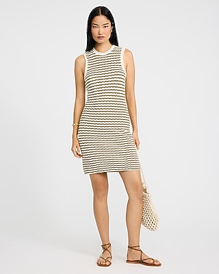 Cotton Striped Crew Neck Sleeveless Mini Sweater Dress