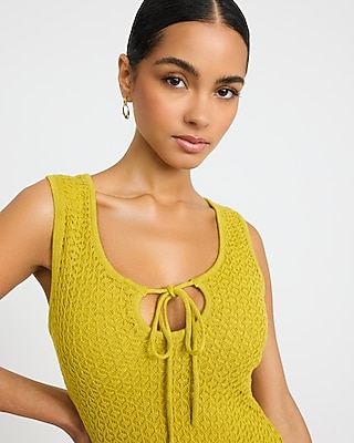 Pointelle Scoop Neck Tie Front Keyhole Maxi Sweater Dress